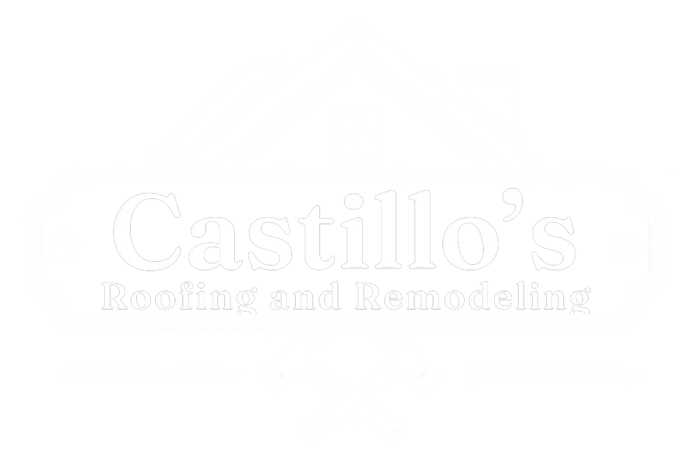 Logo for Castillos Roofing and Remodeling, featuring a house roof outline above the company name and two crossed hammers below.